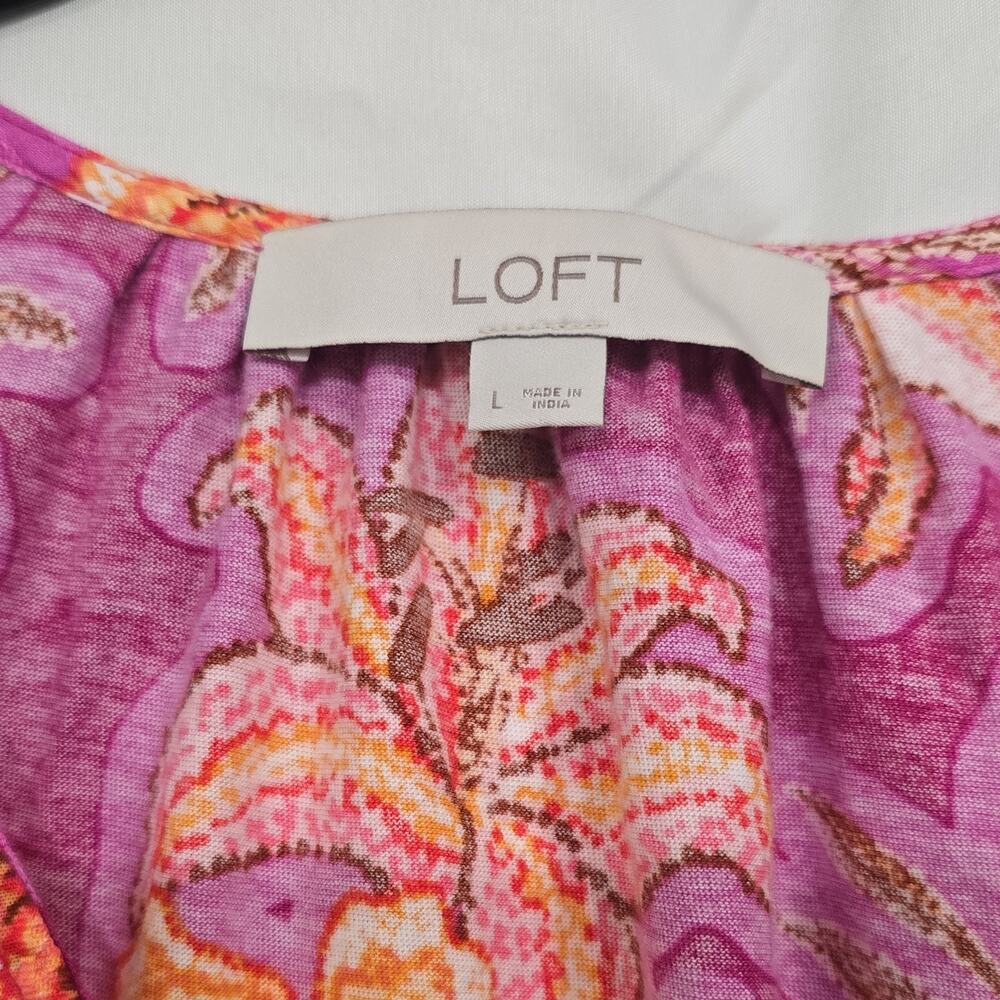 LOFT Womens L Pink Orange Floral Button Front 100% Cotton Ruffle Sleeve Blouse - Picture 2 of 8